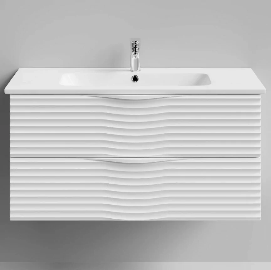 Тумба с раковиной Vod-ok Elite Эйфория 100 F2 волна, подвесная, два ящика, белый матовый
