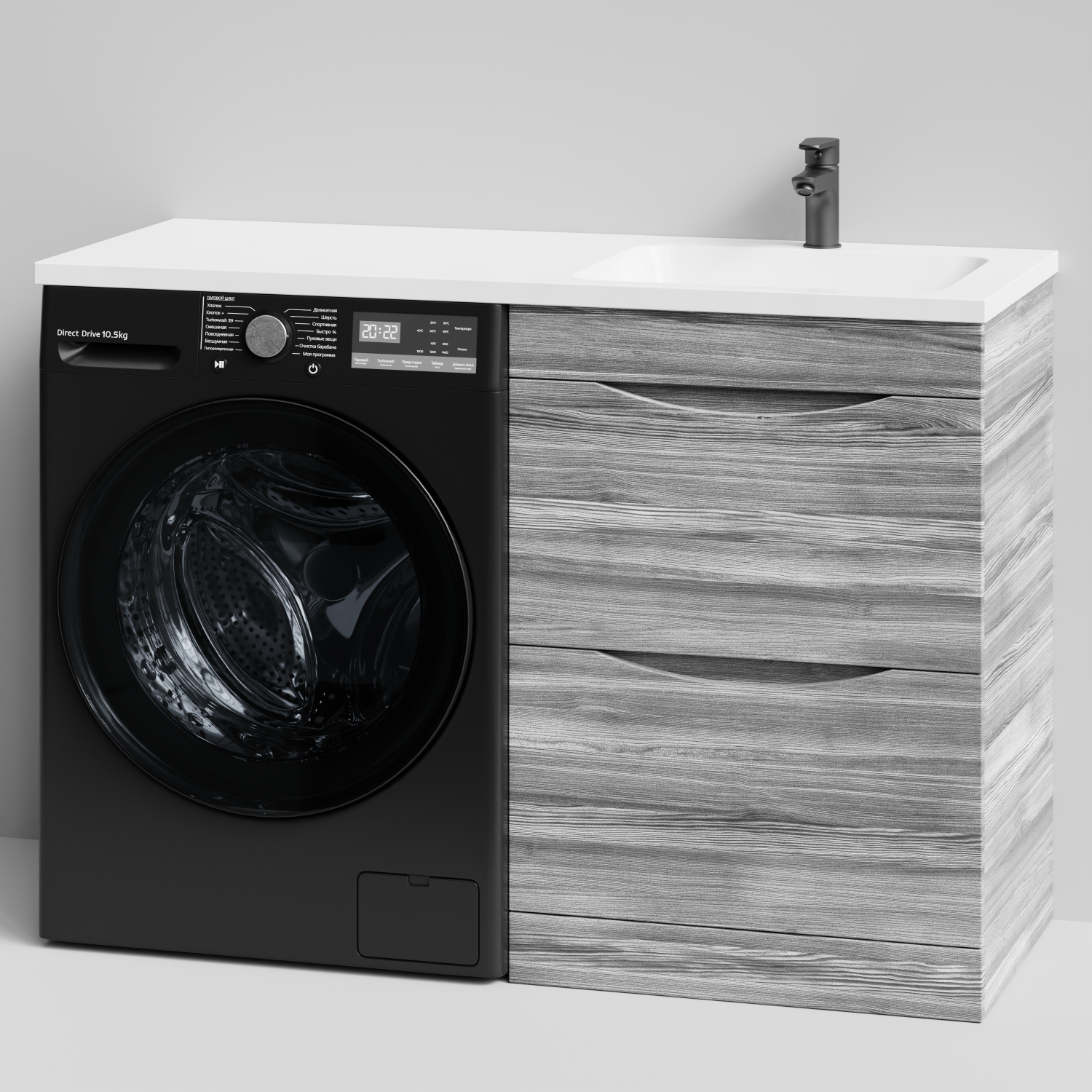 Тумба Vod-ok 58 с раковиной Смайл 120 напольная, под стиральную машину, правая, Лиственница структурная контрастно-серая