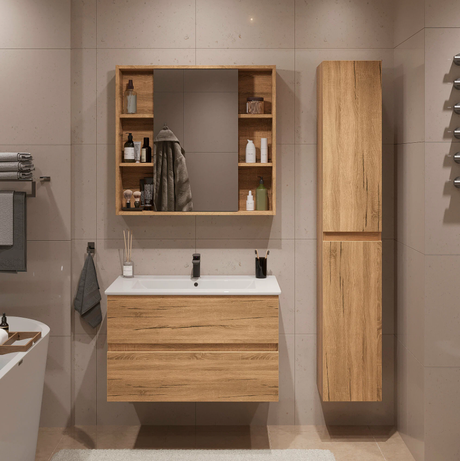 Тумба подвесная SanStar Lavanti 90 с раковиной Квадро 90,Дуб вотан