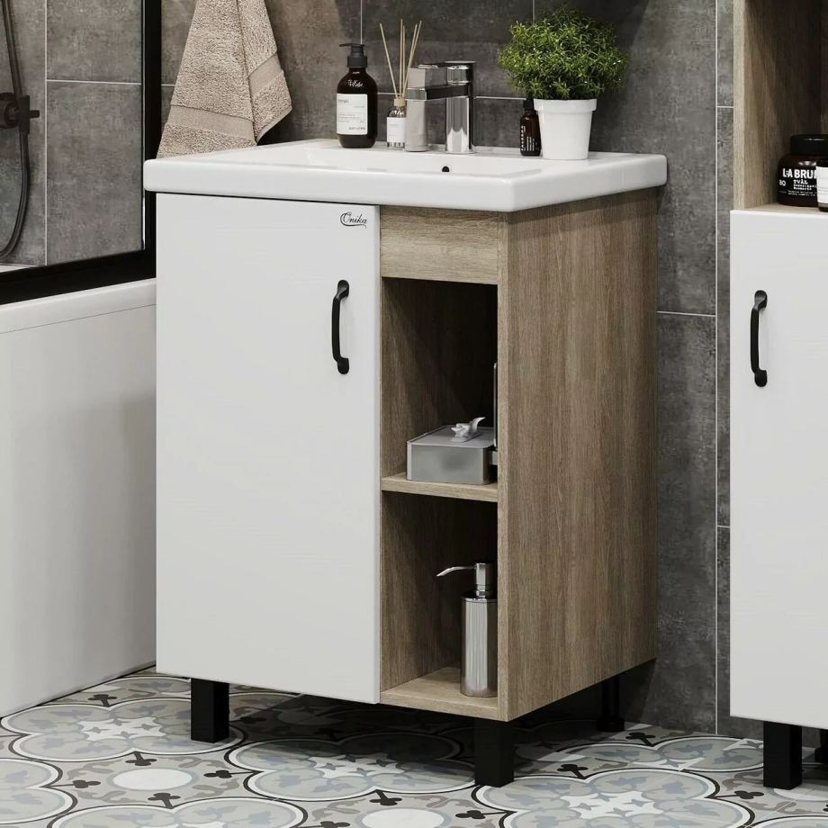 Тумба с раковиной Onika Тимбер 60 напольная, белый матовый/дуб сонома