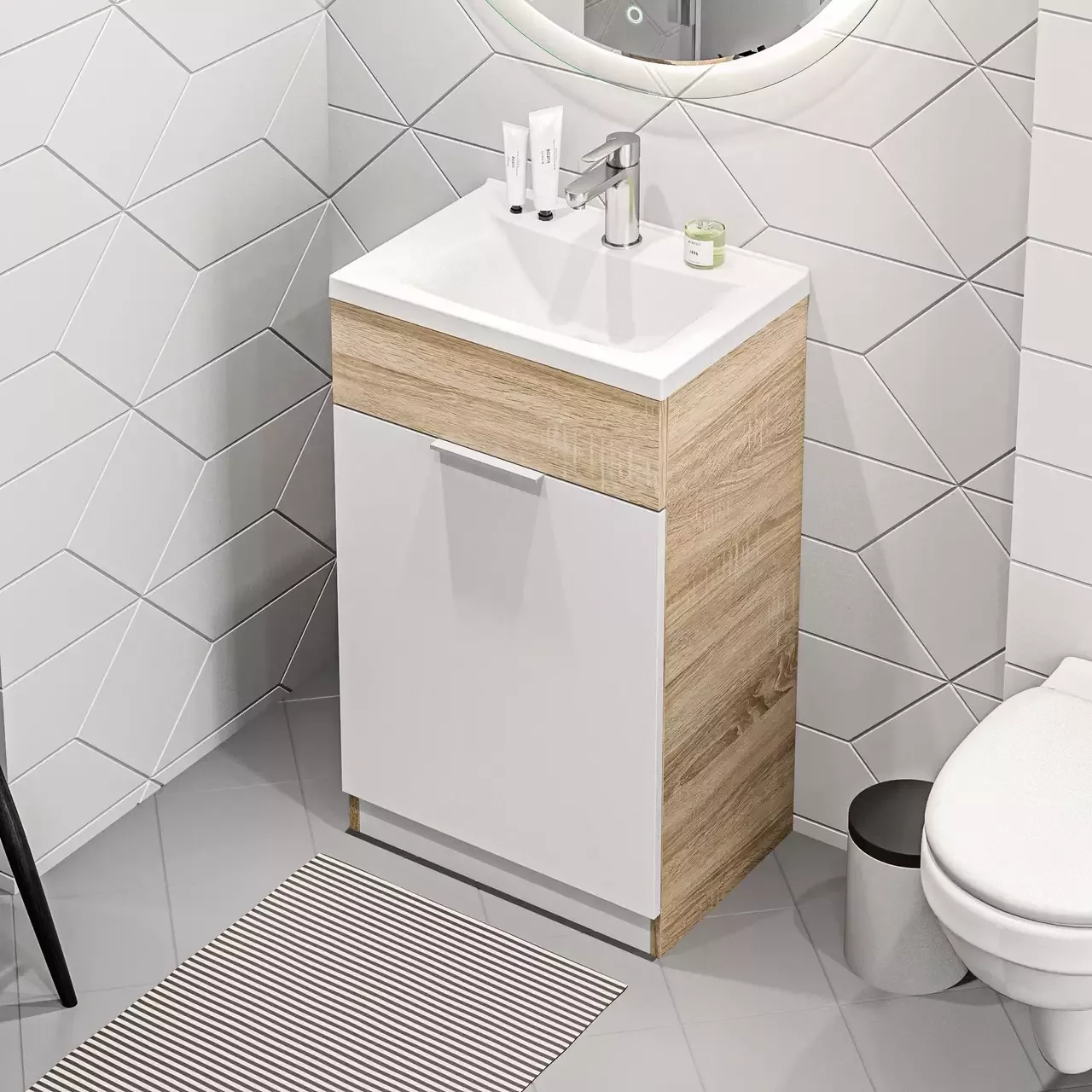 Тумба с раковиной напольная 1Marka Revo 50Н, 1 дверь, белый/дуб сонома