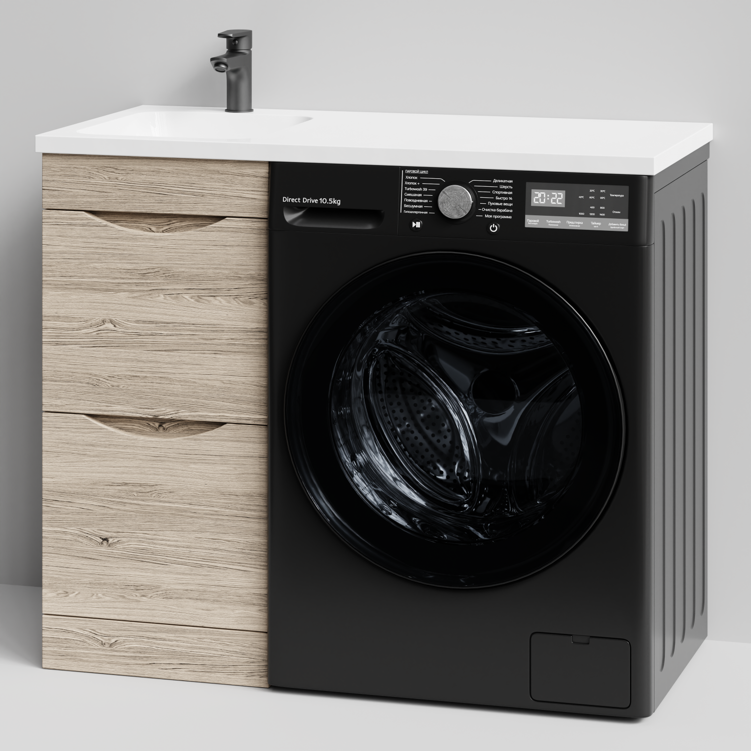 Тумба Vod-ok 38 с раковиной Смайл 100 напольная, под стиральную машину, левая, Дубослив ореховый светлый