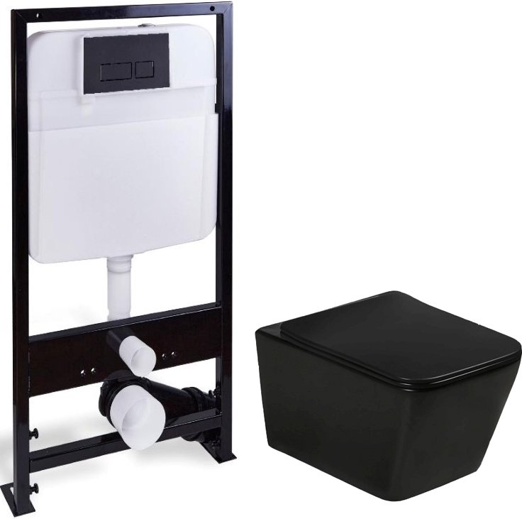 Унитаз подвесной SantiLine SL-5004MB+SL-04 с инсталляцией и кнопкой, черный