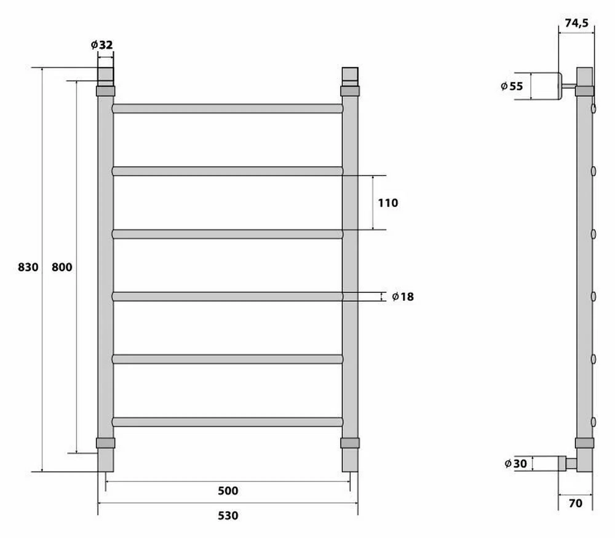 Полотенцесушитель водяной Energy Classic 800x500 черный матовый, тип "лесенка", нержавеющая сталь, подключение 3/4"