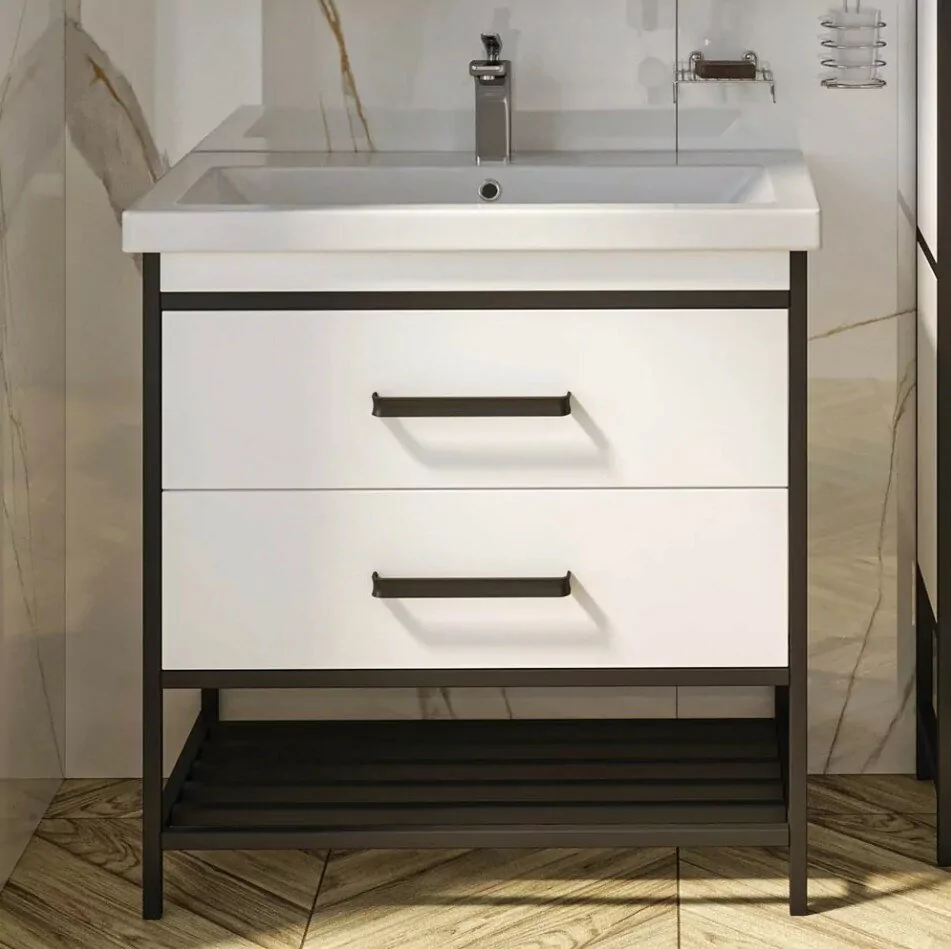 Тумба с раковиной Sanflor Норд 80 напольная, белый, черный муар