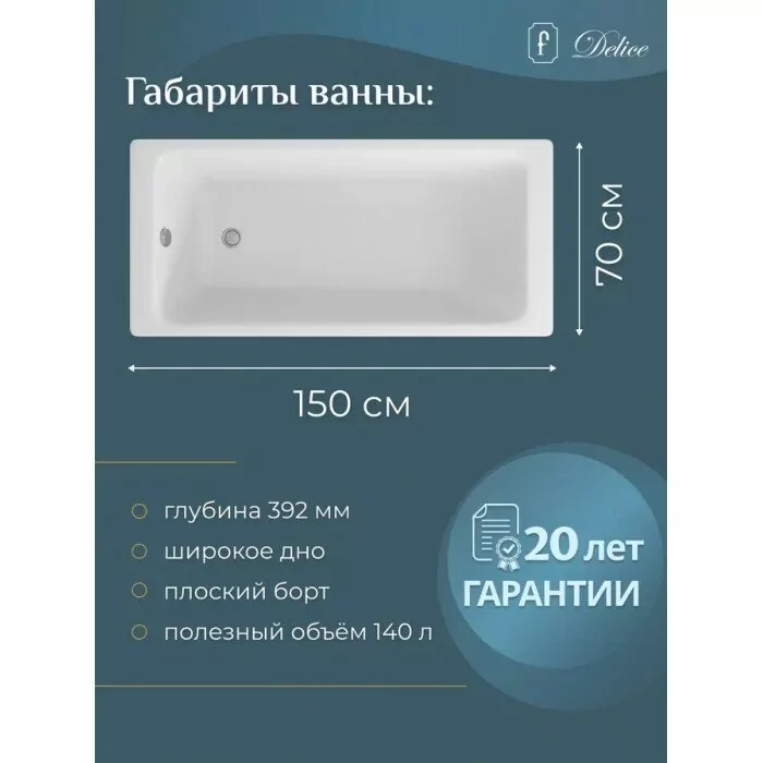 Ванна чугунная Delice Parallel 150х70 DLR220503 прямоугольная