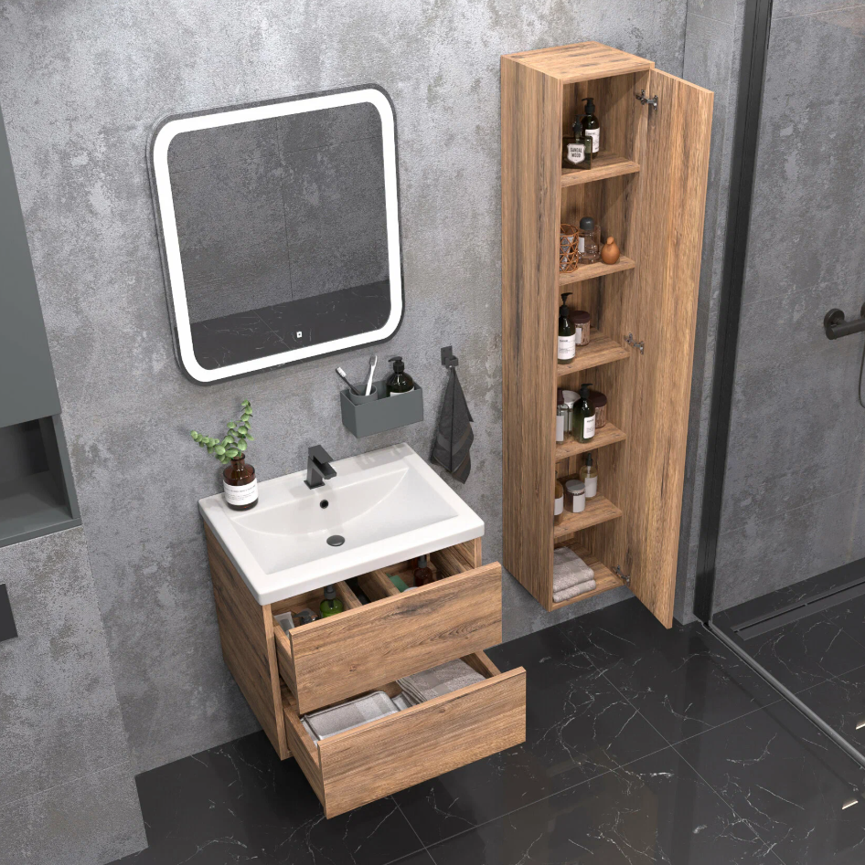 Тумба подвесная SanStar Siva 50 с раковиной Moduo 50 Дуб веллингтон табак