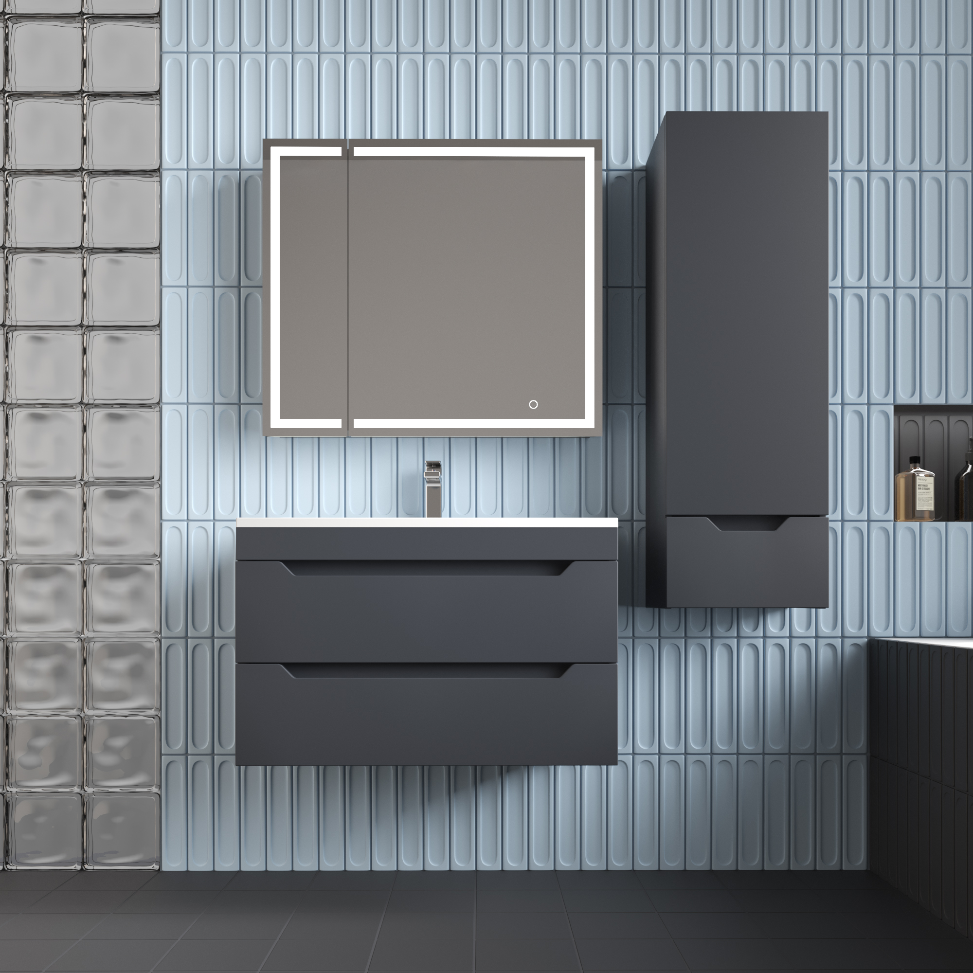 Тумба подвесная Style Line Остин 80 с раковиной Фортуна 80 кварц жасмин, графит