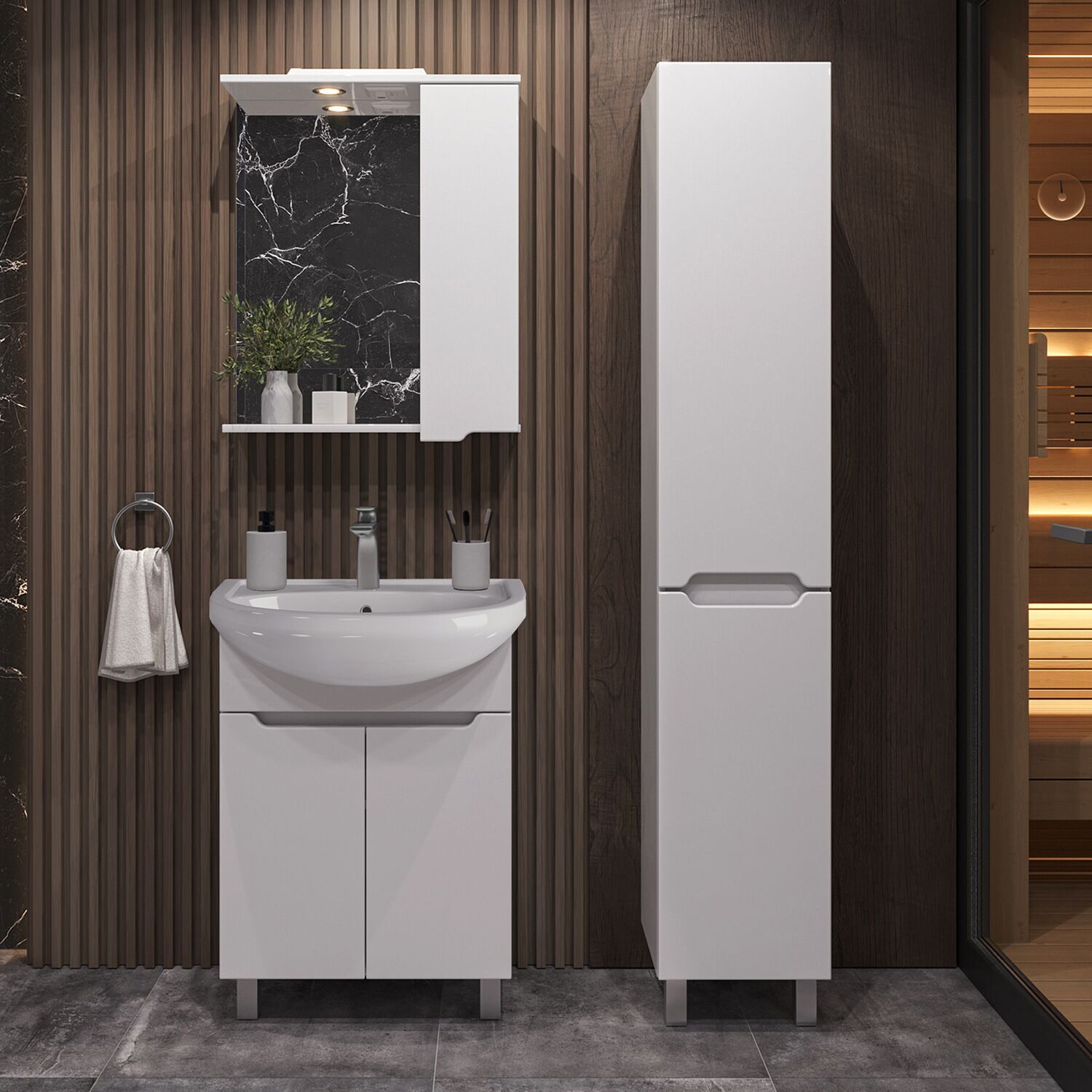 Тумба напольная SanStar Лайн 50 с раковиной Уют 50 (комплект), белая