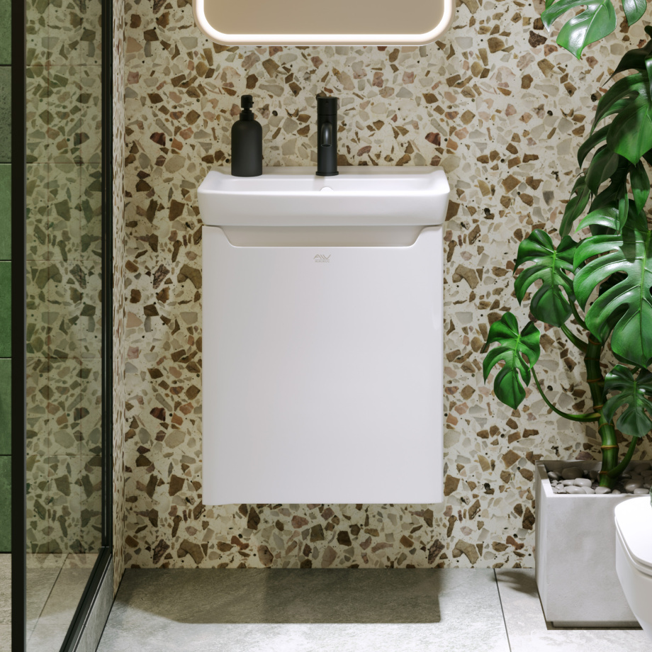 Тумба подвесная Alavann Lana 50 с раковиной Mini 50, белая