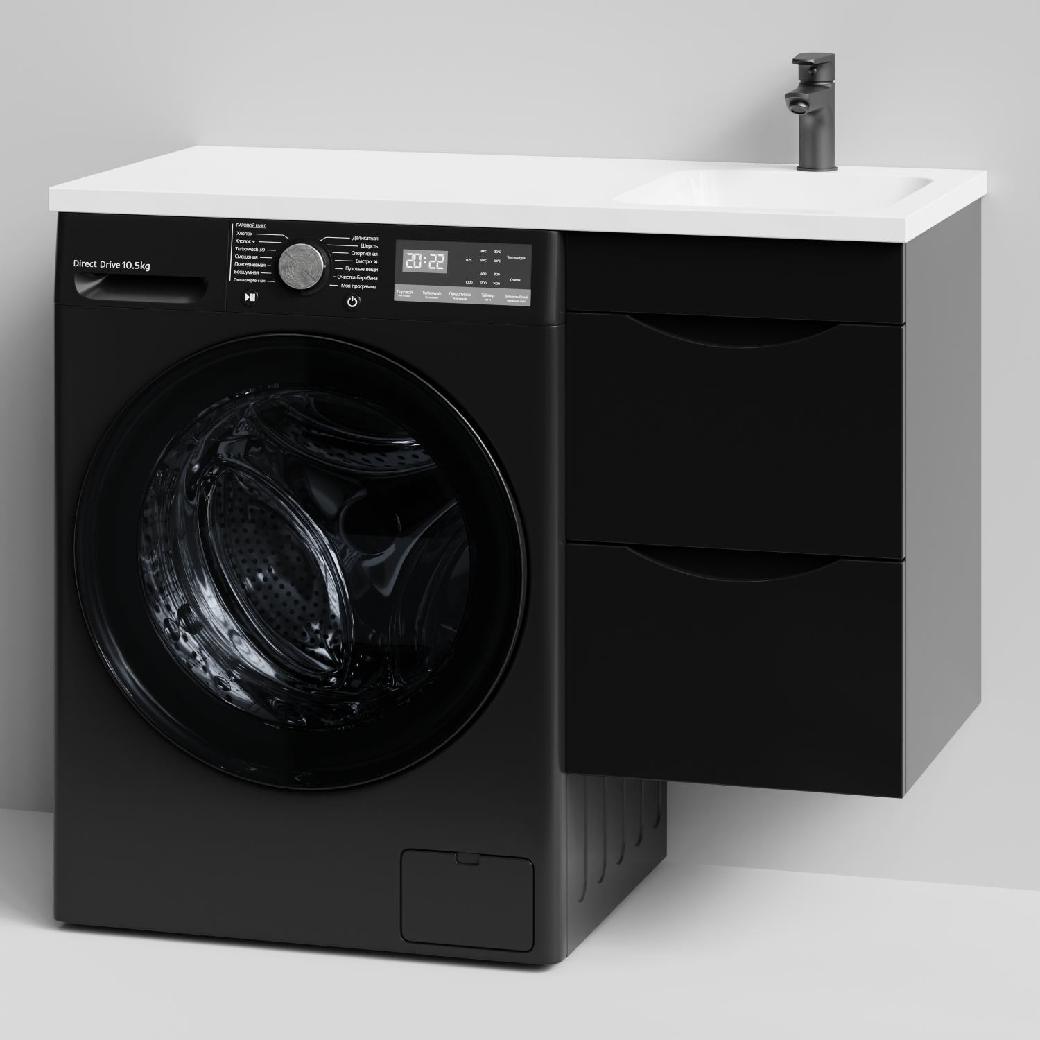 Тумба Vod-ok 38 с раковиной Смайл 100 подвесная, под стиральную машину, правая, черный глянец