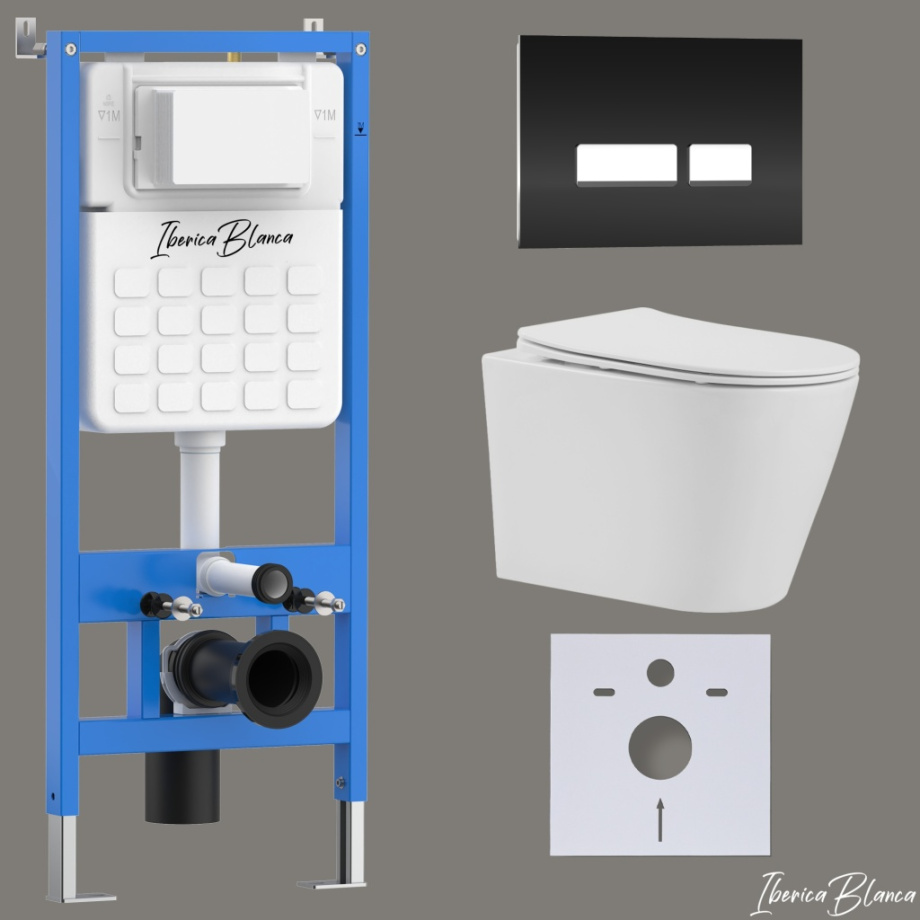 Комплект 3в1 IBERICA BLANCA инсталляция SILENCIO, унитаз BURGOS ALTO белый, кнопка смыва CRYSTAL-R черный глянцевый (IB001.BRA.234.2211)