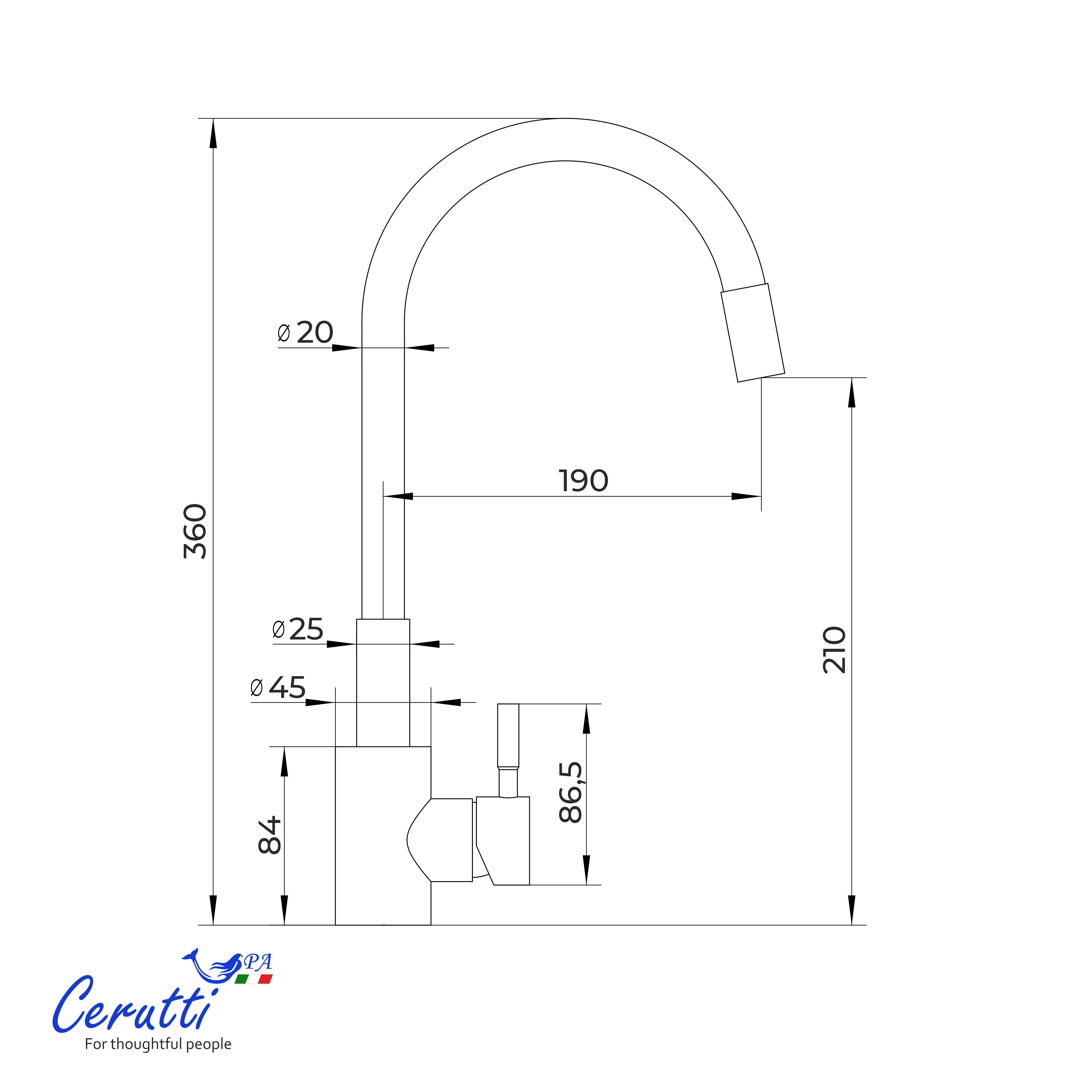 Cмеситель для кухни Ceruttispa Атэна BN-B (ATENA BN-B) из нержавеющей стали, цвет матовый никель, излив черный