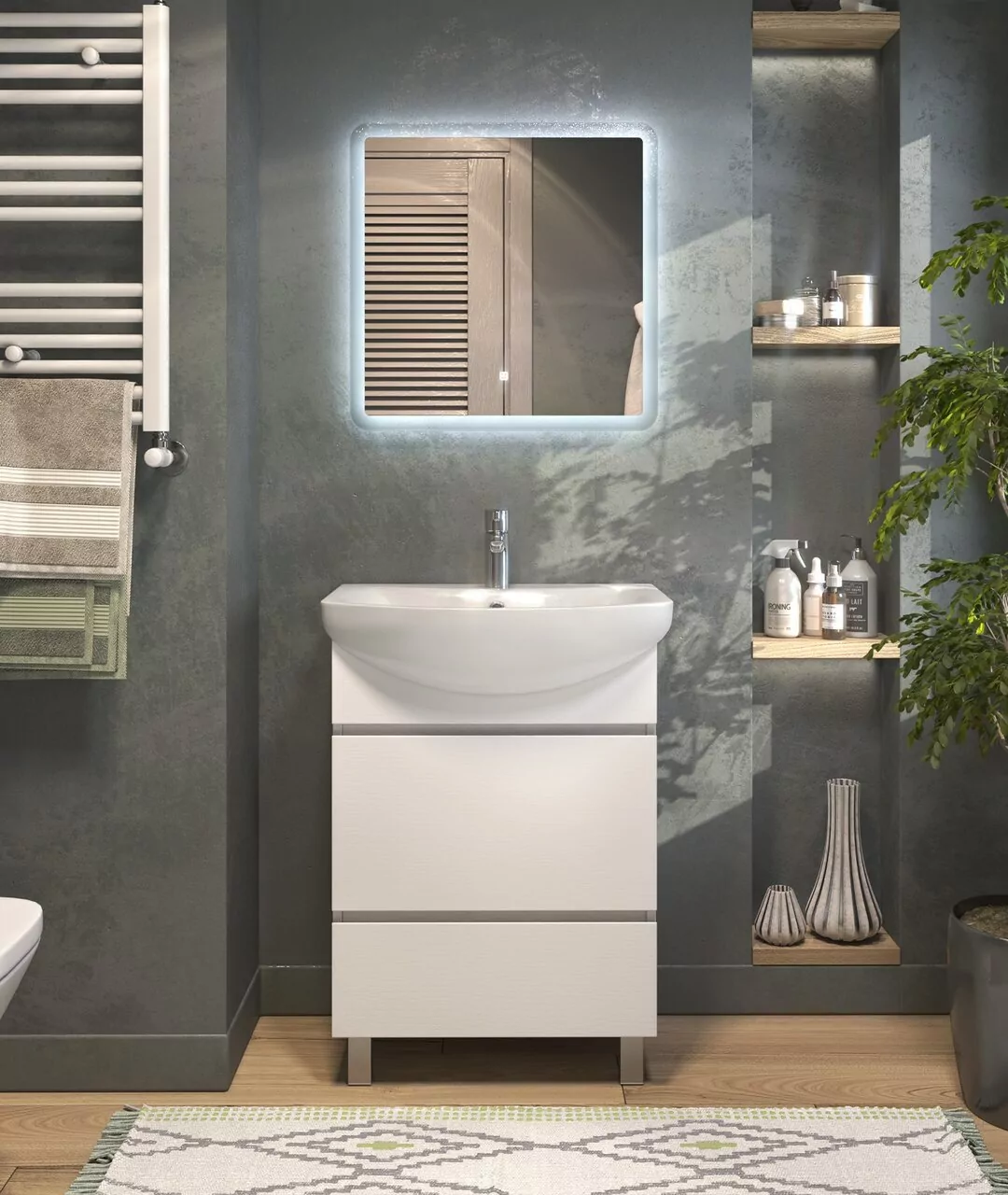 Тумба напольная Vigo Wing 60 с раковиной Балтика 60, 2 ящика, белый