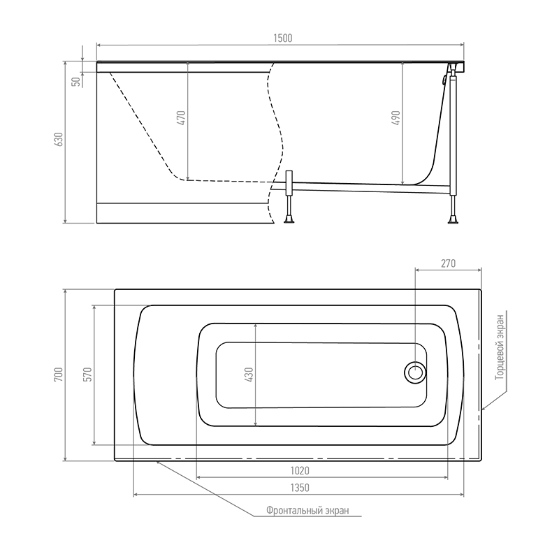 Комплект (4в1) Акриловая ванна TIMO RITTA1570 150*70*63+Каркас + Слив-перелив+Фронтальная панель
