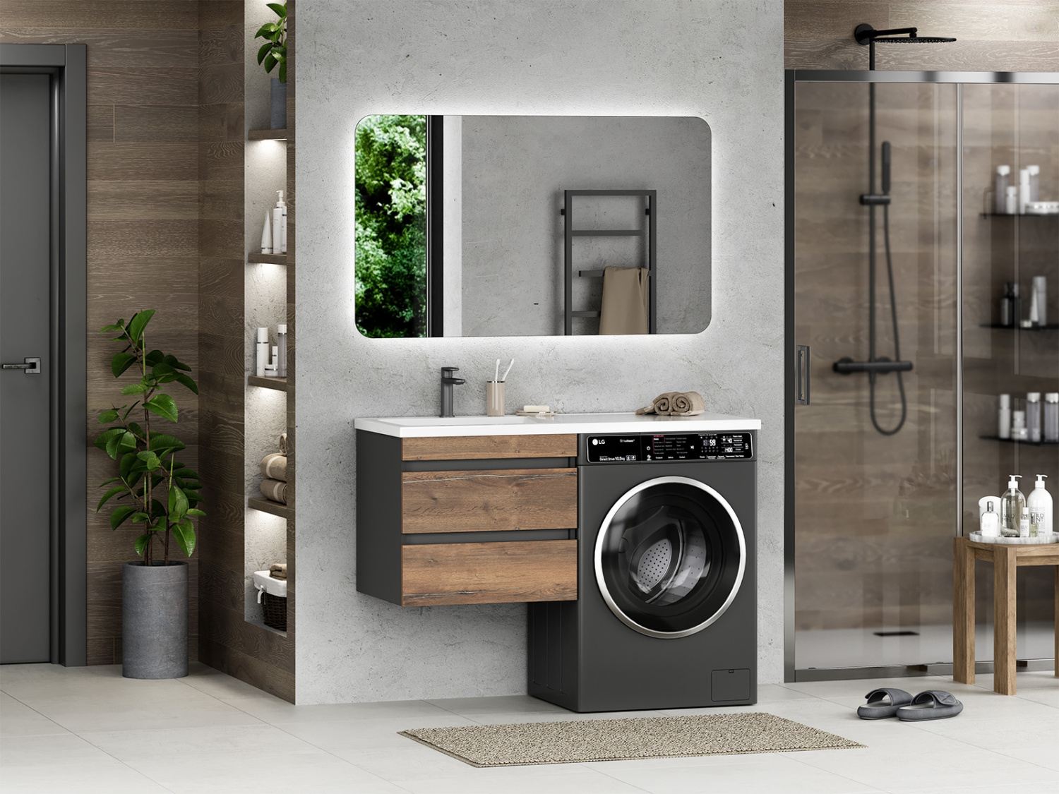 Тумба с раковиной Misty Коломбо 60 под стиральную машину подвесная с раковиной Эстет Даллас 120 R, дуб галифакс/антрацит