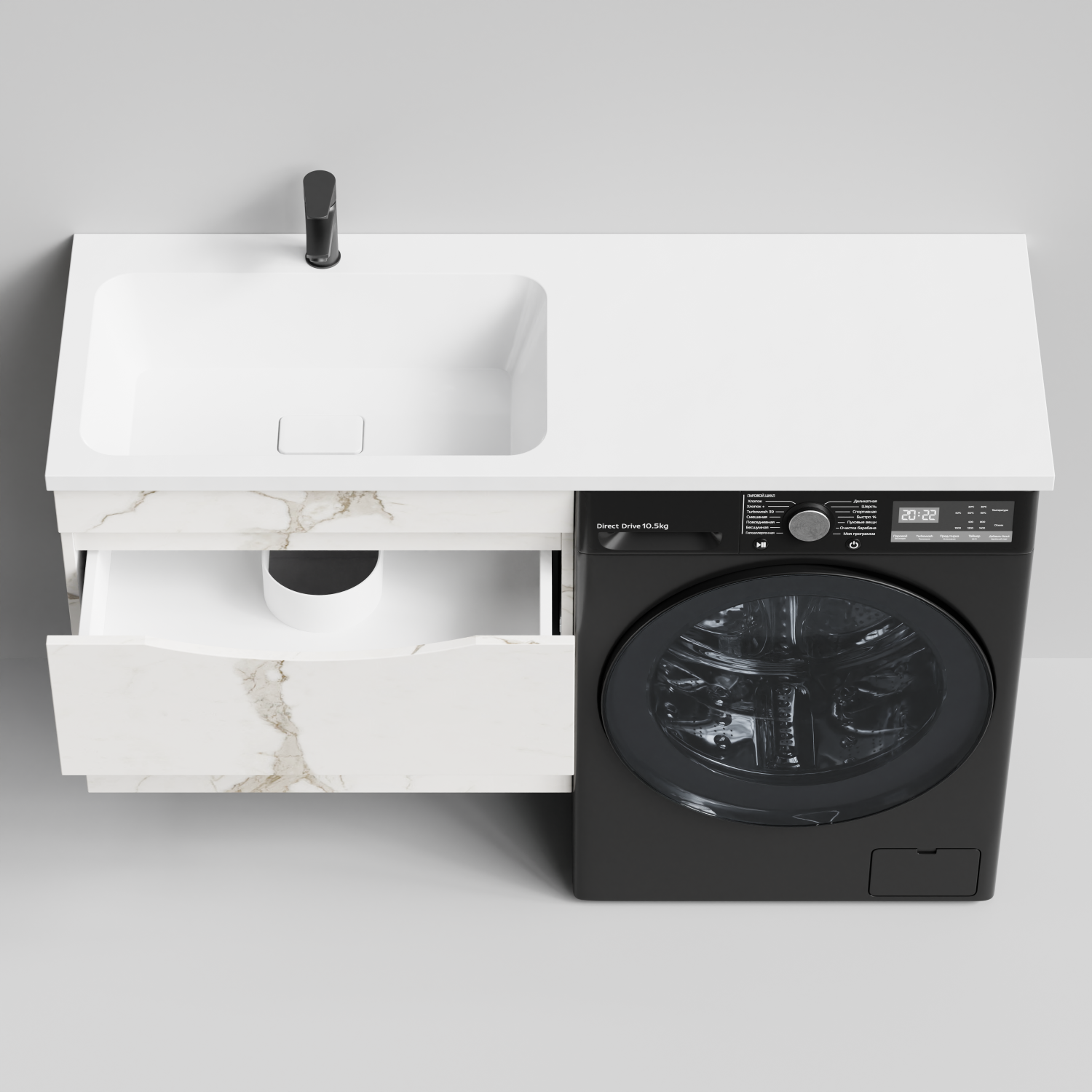 Тумба Vod-ok 68 с раковиной Смайл 130 подвесная, под стиральную машину, левая, Мрамор Белый натур милк