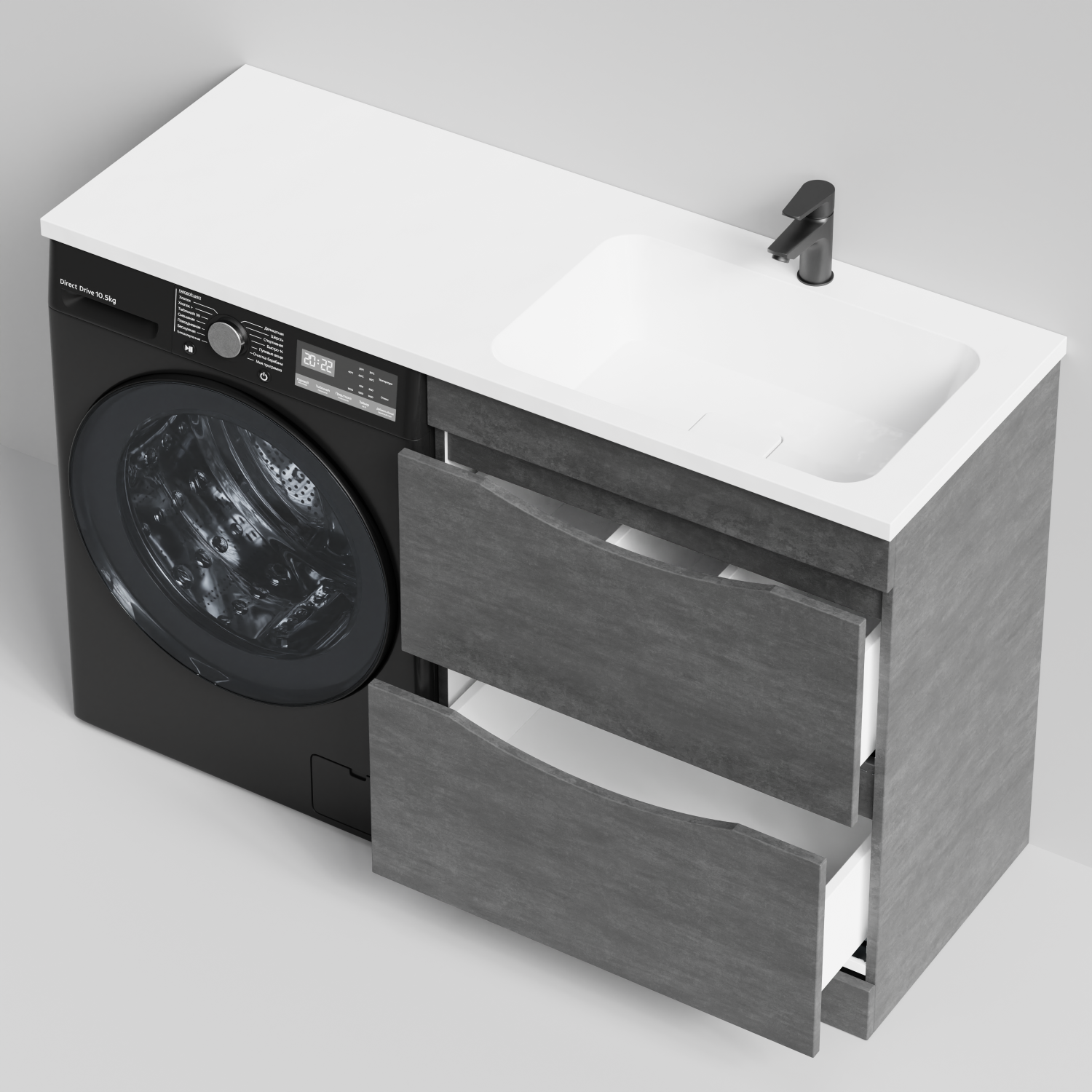 Тумба Vod-ok 68 с раковиной Смайл 130 напольная, под стиральную машину, правая, Серый камень
