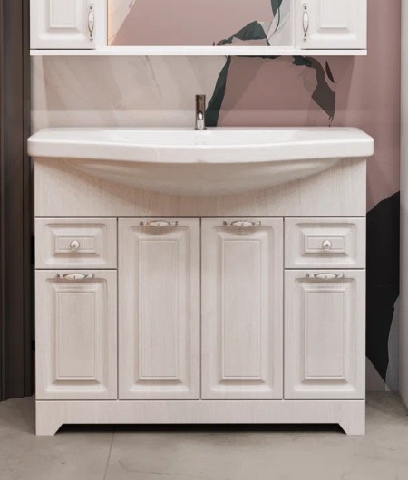 Тумба напольная Stella Polar Кармела 100 с раковиной Эльбрус 100, 2 ящ, 4 двери, Люкс белое серебро