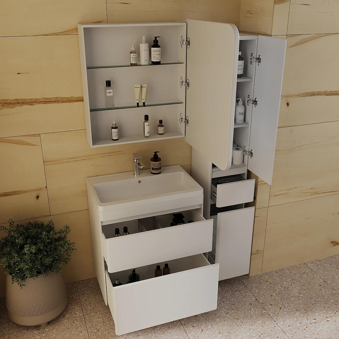 Тумба напольная Style Line Атлантика 70 Plus Люкс с раковиной Атлантика 70, антискрейч, белый матовый