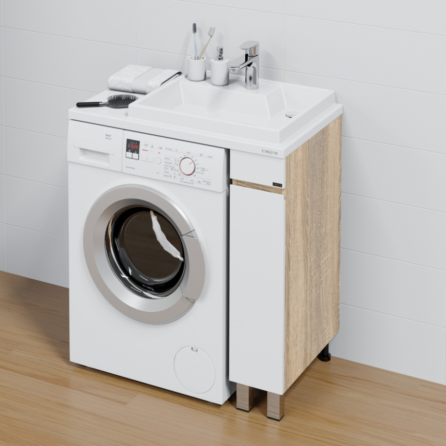 Тумба напольная Санта Марс 19 с раковиной Юпитер 800х500 под стиральную машину, 1 дверь, правая, янтарный, белый