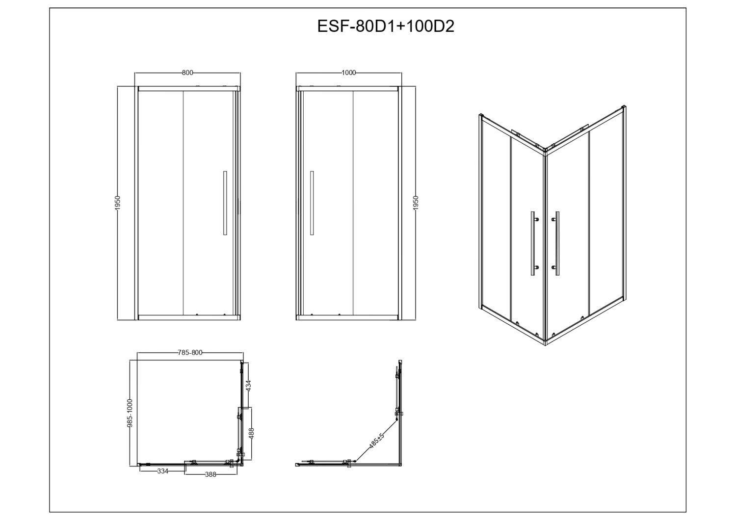Душевой уголок ESBANO ESF-80D1+100D2-B 80х100х195