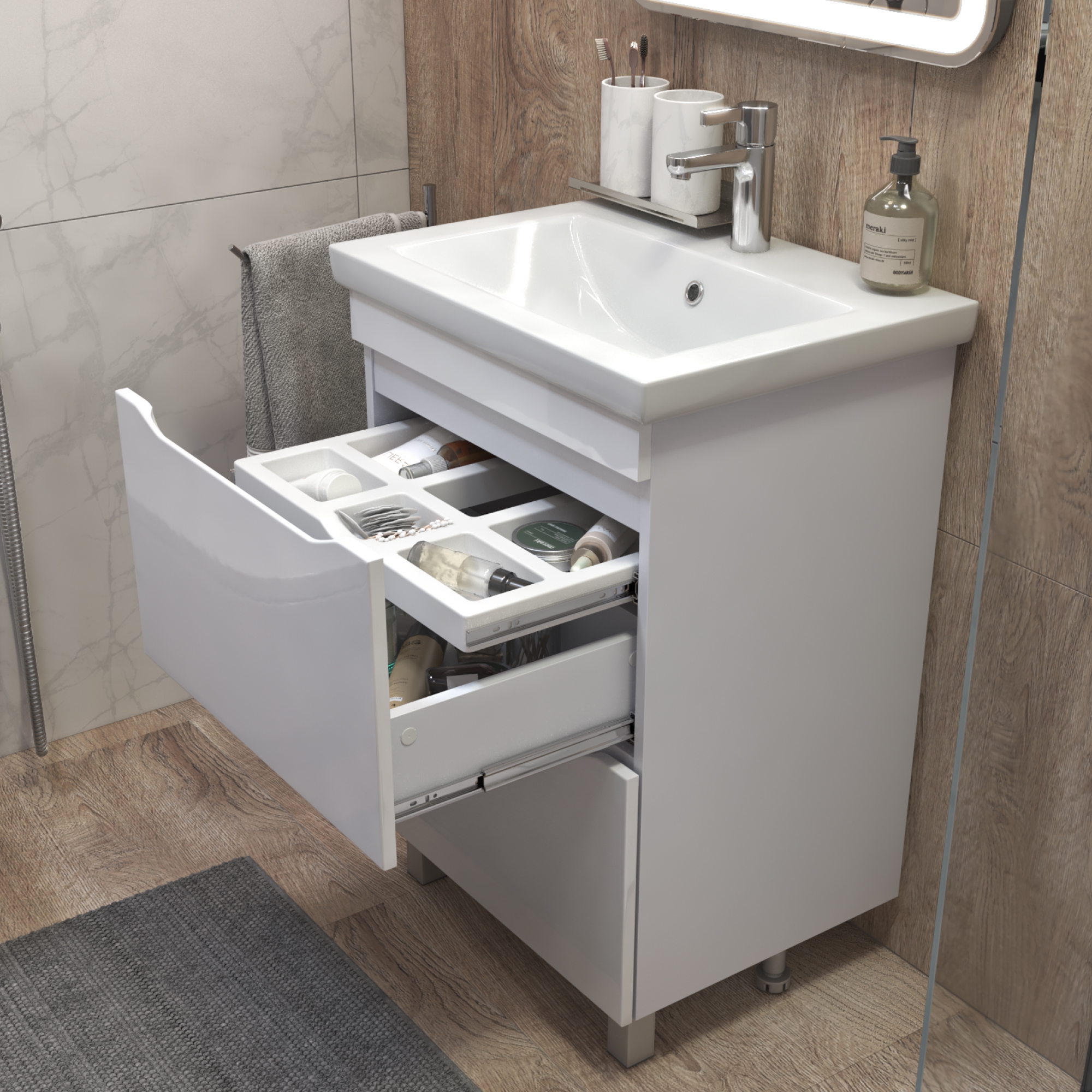 Тумба напольная Vigo Grani 60 с раковиной Como 60, 2 ящика, белый