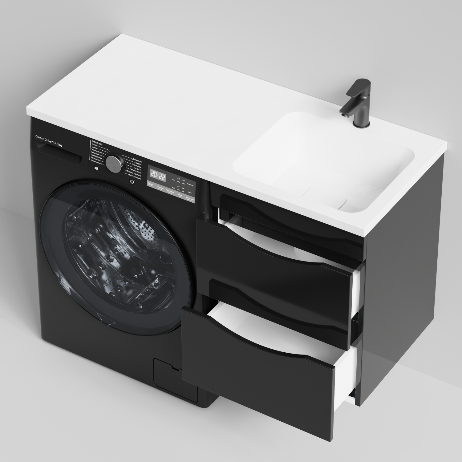 Тумба Vod-ok 48 с раковиной Смайл 110 подвесная, под стиральную машину, правая, черный глянец